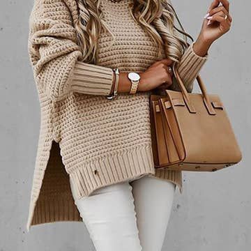 Cozy beige sweater paired with matching handbag