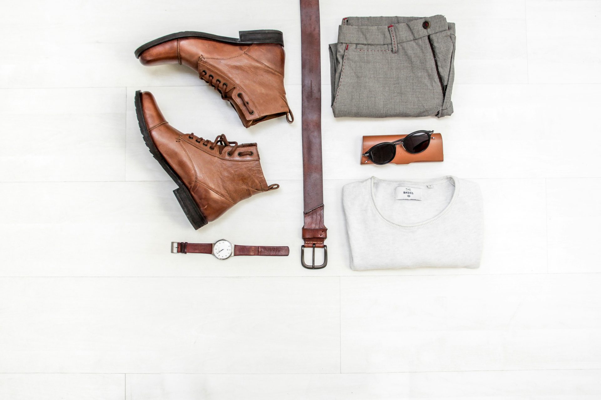 Men’s outfit flat lay with stylish accessories