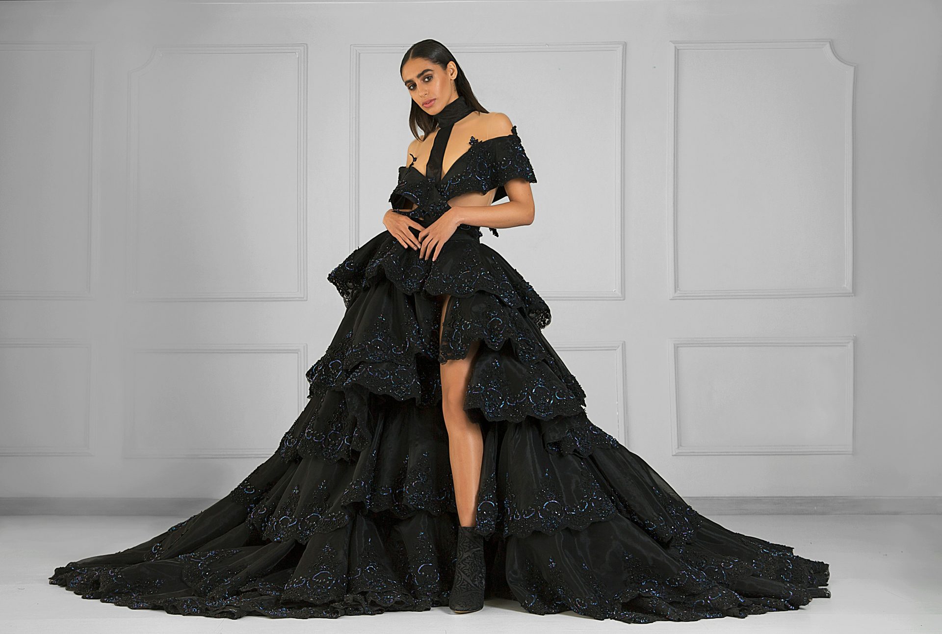 Elegant black gown with intricate details